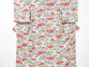 縮緬地遠山に波・花模様小紋着物